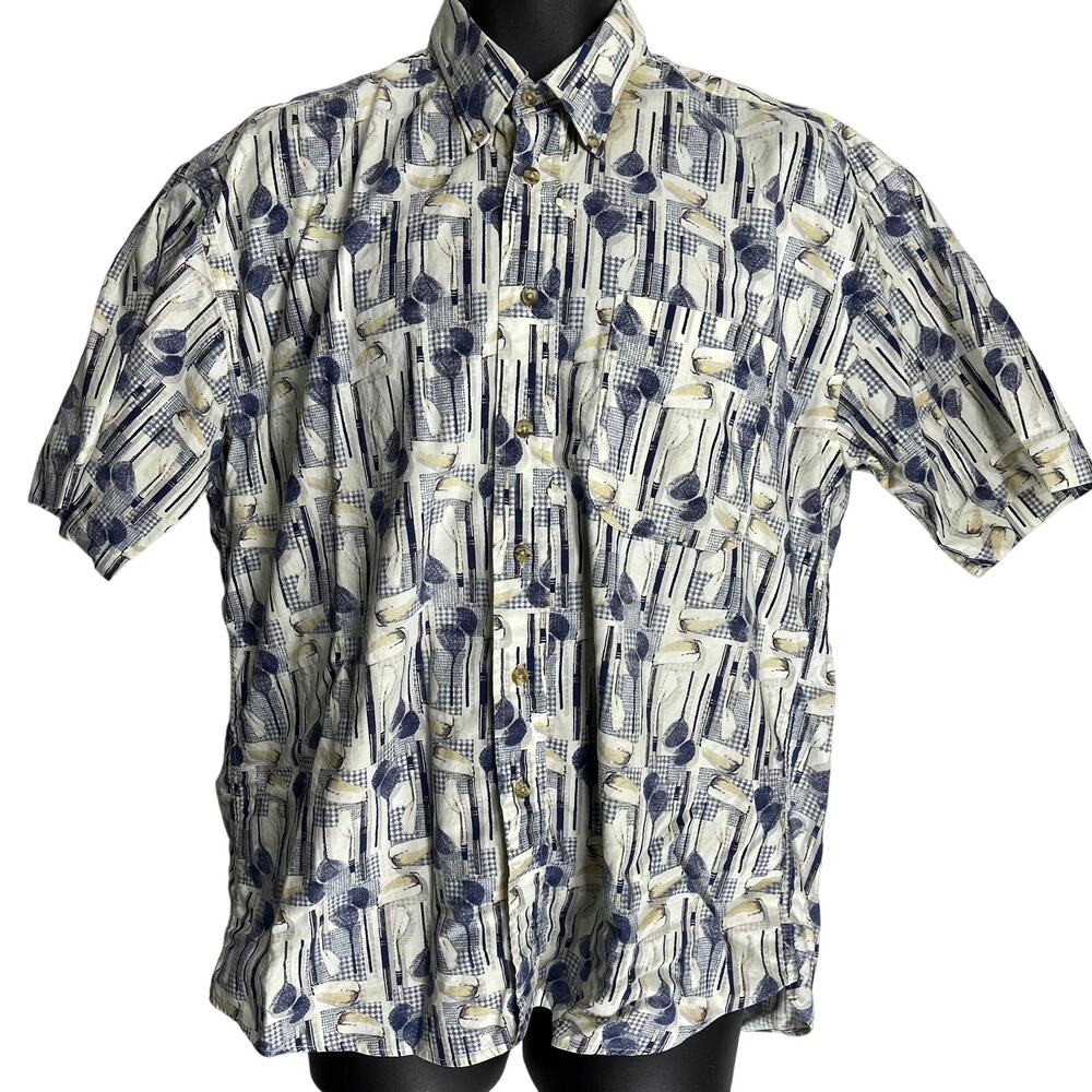 Alexander Martin Button Up Shirt Mens L Blue Abstract Golf Print Short Sleeves
